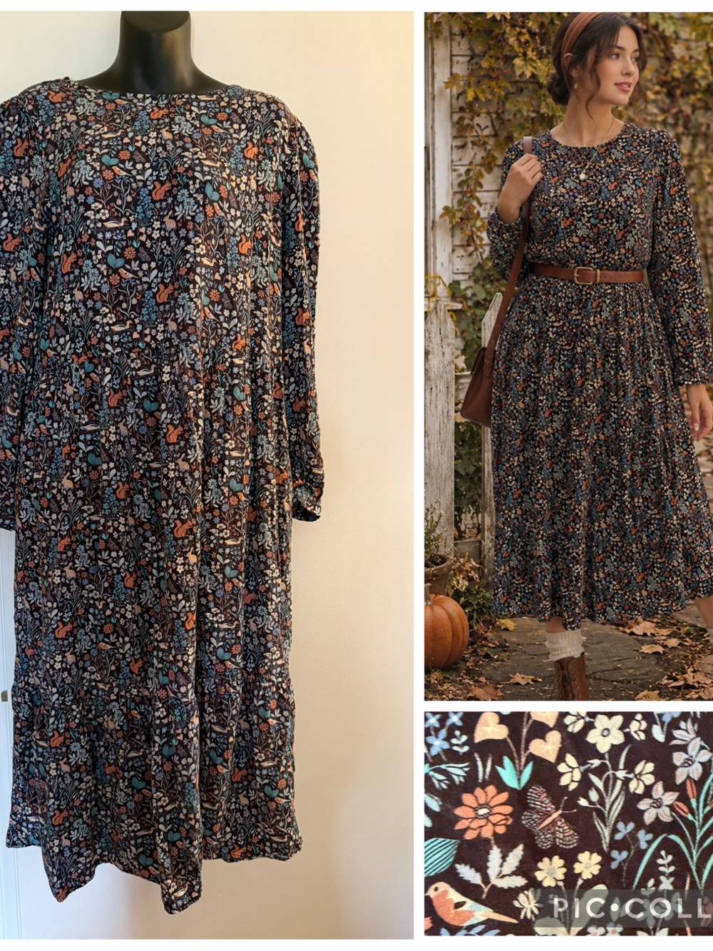 Barbour Floral cottagecore boho Long-Sleeve Midi Dress forest animals